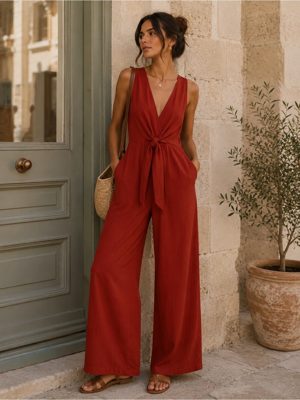 Vince Camuto Rust-Orange Sleeveless V-Neck Jumpsuit